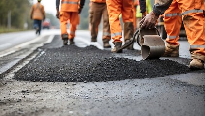 A team of road construction workers collaboratively laying down hot asphalt, meticulously leveling the gravel for road surface repairs Generative AI