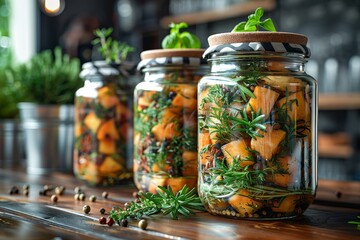 Three glass jars filled with vegetables and herbs on a wooden table
