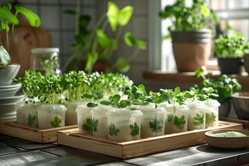 A wooden tray with many small containers of herbs and greens