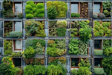 A building with many windows and plants growing out of them