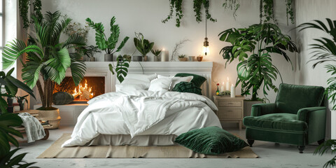 Natural bedroom interior with a cozy, white bed with decorative cushions standing between a fireplace and a green armchair, many plants