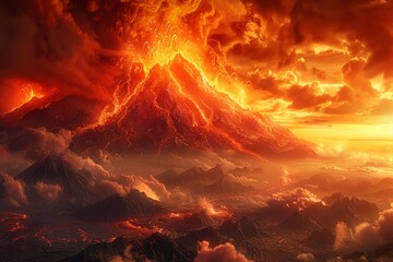 A fiery mountain with a volcano spewing lava