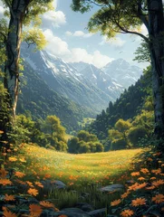 Schilderijen op glas A beautiful mountain landscape with a field of flowers and trees © hakule