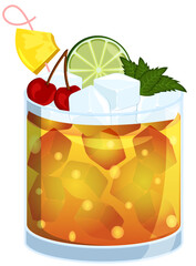 Old Fashioned Cocktail: Classic Elegance with Cherries, Pineapple, Lime, and Mint Leaves