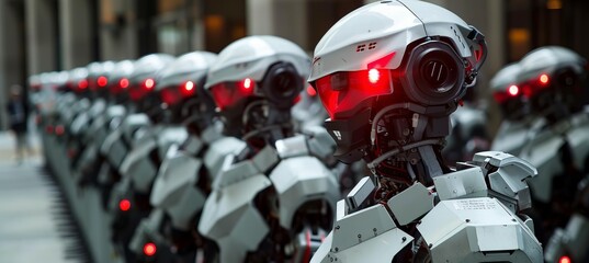 Cyborg robot army with glowing red eyes. Apocalypse machine future war concept. Generative AI technology.