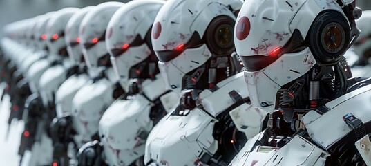 Fototapeta premium Intelligence robot army soldier machine. Apocalypse future war concept. Generative AI technology.