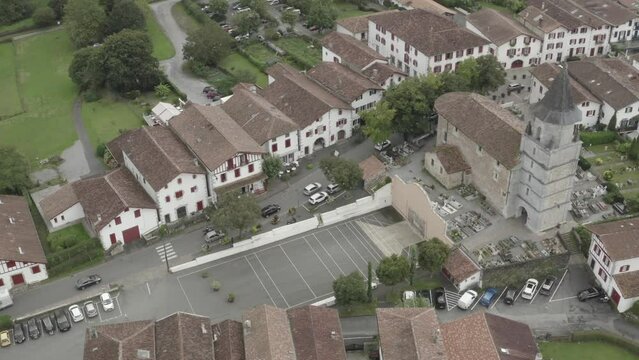 Ainhoa small village with Church of Our Lady of Assumption, Pyrenees Atlantiques, Nouvelle Aquitaine in France. Aerial top-down view