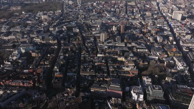 Descending aerial shot over Soho central London