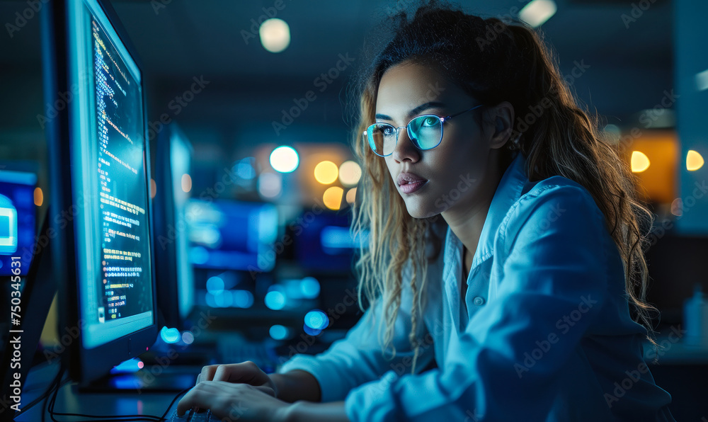 Poster focused female software developer working on computer in a busy office, writing code and solving com