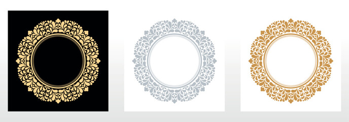Set of decorative frames Elegant vector element for design in Eastern style, place for text. Floral black, gold and gray borders. Lace illustration for invitations and greeting cards