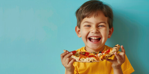 portrait of a kid eating delicious pizza on color background, copy space