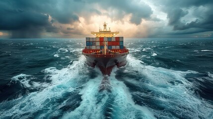 Cargo ships sail through treacherous waters. Sailors must rely on their strong bonds and unwavering spirit to navigate the choppy waters safely. - obrazy, fototapety, plakaty