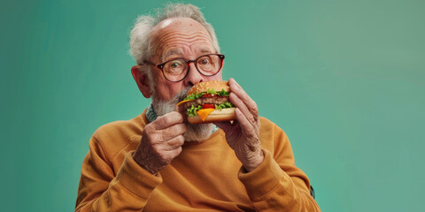 portrait of a senior man eating delicious hamburger on color background, copy space