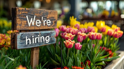 Spring Job recruiting - 'We're Hiring' Sign Amidst Vibrant Tulips