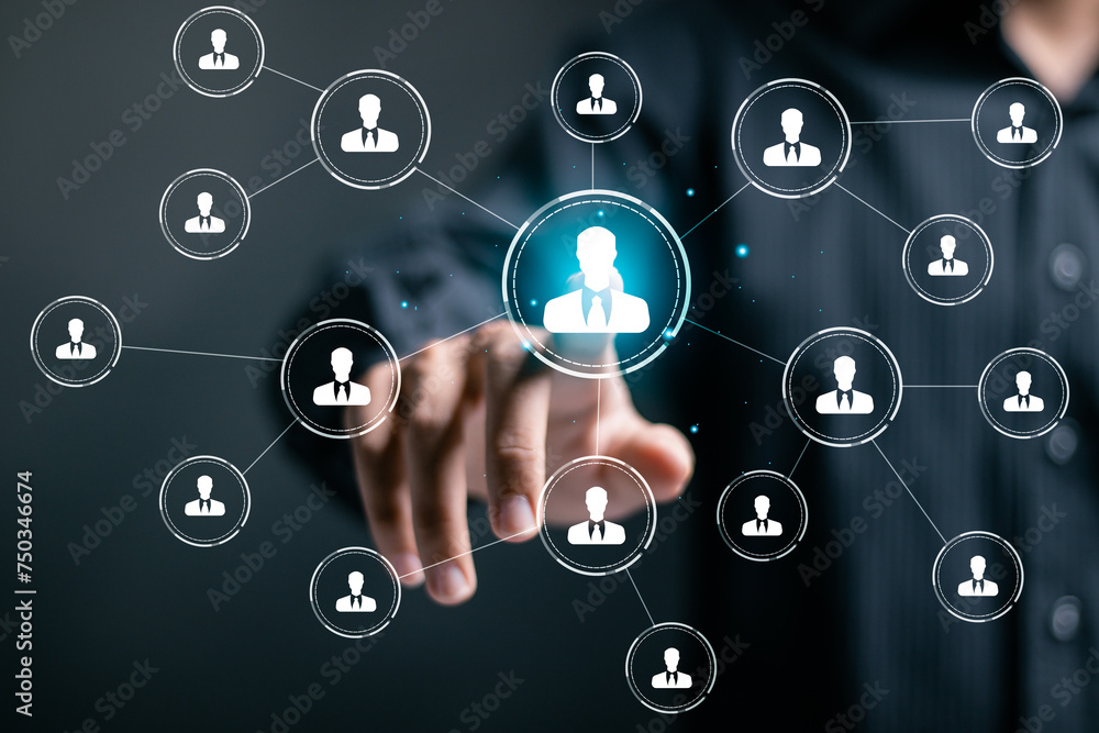 Aufkleber hr, human resources management concept. businessman touching manager icon with connection link netwo