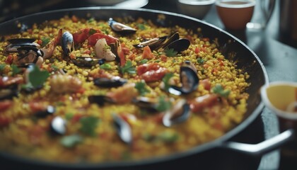 Fototapeta premium view of aesthetic Paella with some topping image background