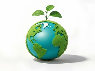 green earth with leaves growing over it on white background, isolated for design, world environment day concept 