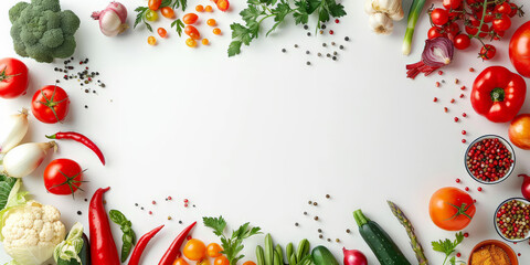 a border of vegetables lying on a white background, fresh vegetables on white space, empty space for text, banner