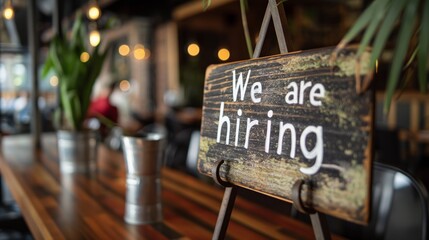 Urban Chic - Vintage 'We Are Hiring' Sign in Trendy Café Ambiance