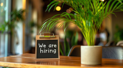 Lush Greenery & Opportunity - 'We Are Hiring' Sign in Serene Café Setting