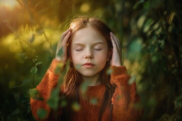 a ginger girl with autism stands in the forest with her eyes closed and covers her ears in response to loud noises. Mental Health Concepts. Neurodiversity. World Autism Awareness Day. 2 April. 