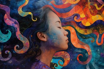 asian girl with autism surrounded by swirling colors and shapes, representing the rich inner world and creative potential within. Mental Health Concepts. Neurodiversity. World Autism Awareness Day. 