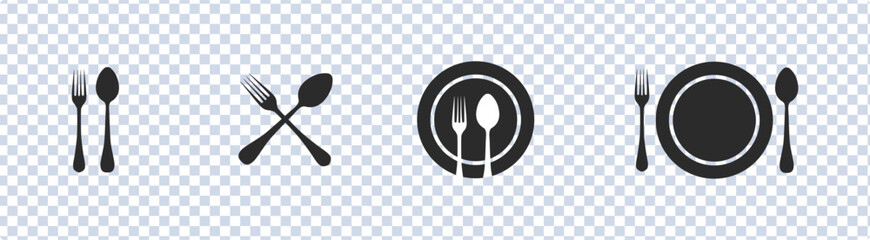 Cutlery silhouettes. Fork, knife, spoon, and plate icon set,  Logotype tableware. Vector illustration EPS 10 - obrazy, fototapety, plakaty