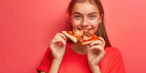 portrait of a young woman eating delicious pizza on color background, copy space