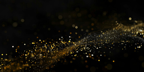 glitter effect and golden particles flowing on a black background, abstract golden glow bokeh light background on dark background, defocused,banner christmas holiday new year background