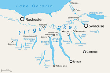 Finger Lakes region in New York State, in the United States, political map, with most important cities. Group of eleven long, narrow, roughly south-north lakes, located directly south of Lake Ontario. - obrazy, fototapety, plakaty