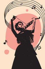 Woman with violin and music notes