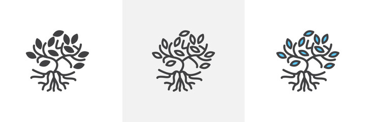 Tree with Roots and Leaves Isolated Line Icon Style Design. Simple Vector Illustration