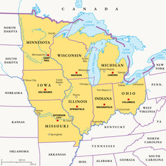 Midwest Region of the United States, political map. Midwestern United States or American Midwest, a geographic region, south of the Great Lakes, bordered by Mid-Atlantic, the South and Great Plains. - 750348072