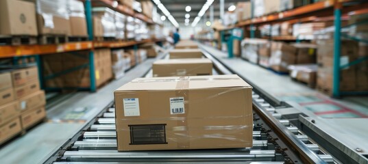 Conveyor belt transport. Warehouse box goods. Generative AI technology.