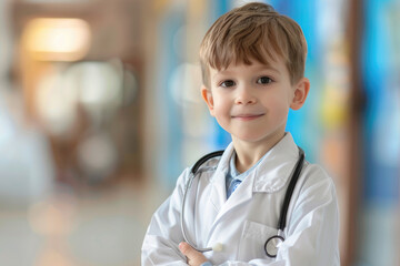 Portrait of cute little preschooler boy in white medical uniform act like doctor