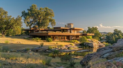 Fototapeta premium This beautiful house is anchored by a hidden foundation. It appears to float effortlessly above the surrounding landscape.