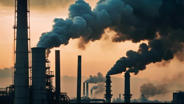 Chimney Smoke in Industrial Zone - A scene depicting pollution, smog, and environmental impact from a factory's chimney in a global power station