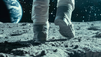 Space conquest and back to the moon race concept image with an astronaut walking on the moon and view of the earth in background