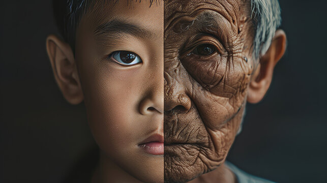 Portrait of an Asian male with him as a young boy and him aging to an old Asian man