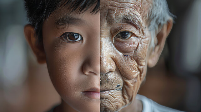 Portrait of an Asian male with him as a young boy and him aging to an old Asian man