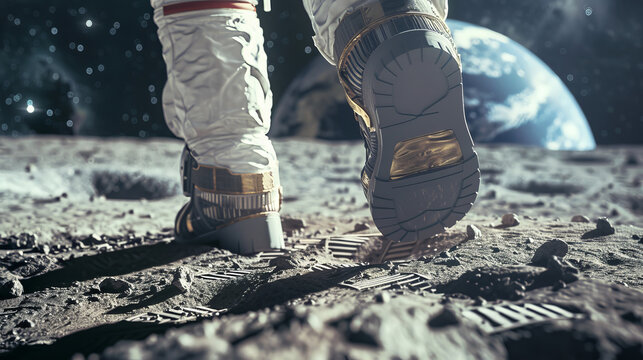 Space conquest and back to the moon race concept image with an astronaut walking on the moon and view of the earth in background