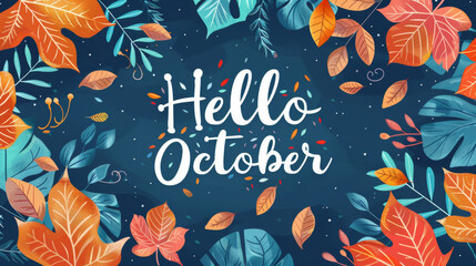 October month illustration background with pastel colors drawing with written Hello October to celebrate start of the month
