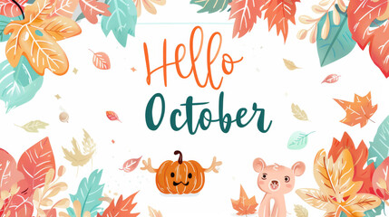 October month illustration background with pastel colors drawing with written Hello October to celebrate start of the month