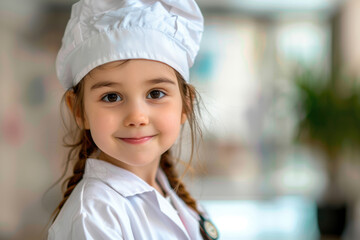 Portrait of cute little preschooler girl in white medical uniform act like doctor