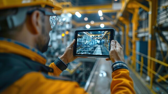 a safety checklist being checked off on a tablet with an augmented reality simulation in the background showing workers the proper way to operate a potentially