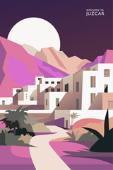 Juzcar retro village poster with abstract shapes of skyline, buildings at night. Vintage Spain, Malaga province, Andalusia town travel vector illustration