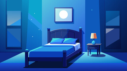 Cozy bedroom interior with moonlight at night illustration