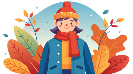 Smiling person wearing winter clothes with autumn leaves