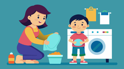 Mother and son doing laundry together in a cozy home