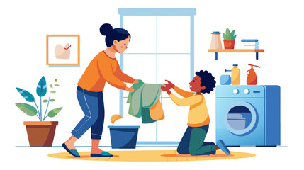 Mother and child doing laundry together in a cozy room